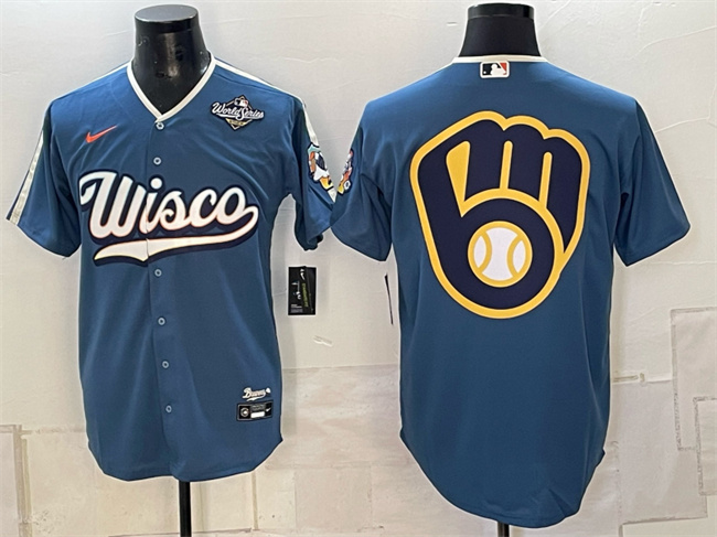 Men's Mineral Blue Milwaukee Brewers Team Big Logo 2026 World Series City Connect Stadium Stitched Baseball Jersey